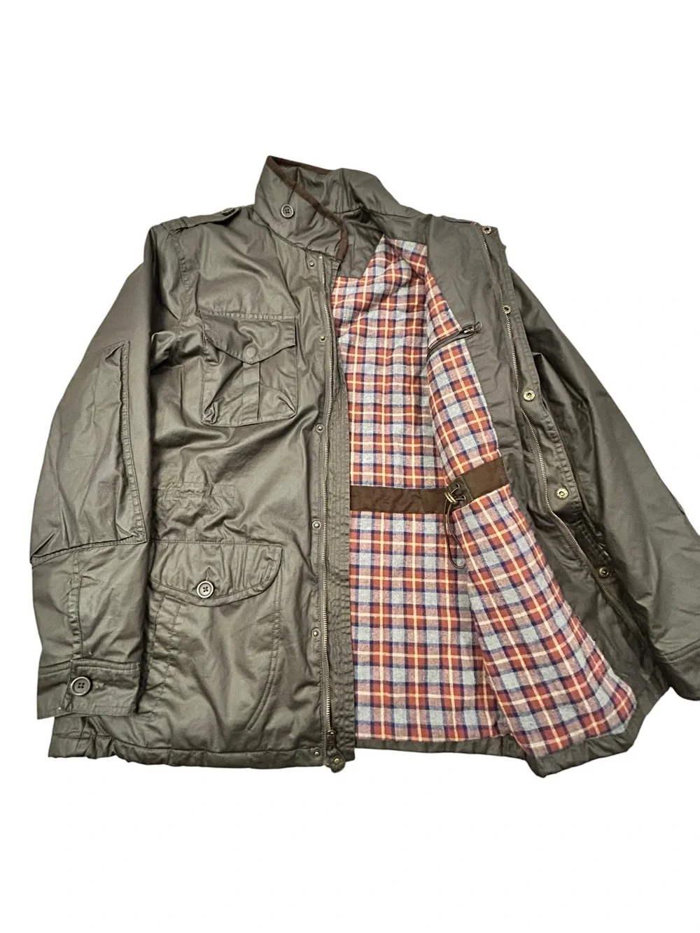 Johnston & Murphy Men's Olive Brown  Field Jacket Plaid Lining M Military Field